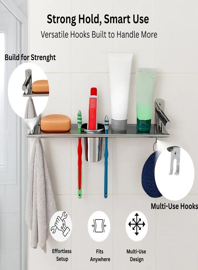 Well Set رف حائط للحمام من الفولاذ المقاوم للصدأ من ويل سيت، 3 في 1 | حامل صابون متعدد الأغراض مع حامل فرشاة أسنان وكوب | رف منظم صغير الحجم يُثبت على الحائط للحمام (فضي) - Image 4